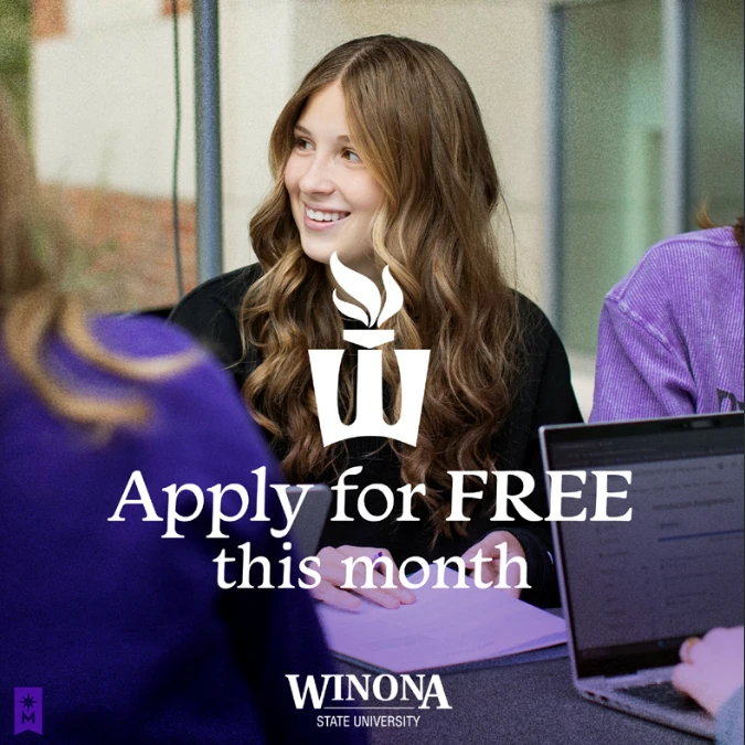 College ad with smiling girl, blurred background, laptops, and university name.